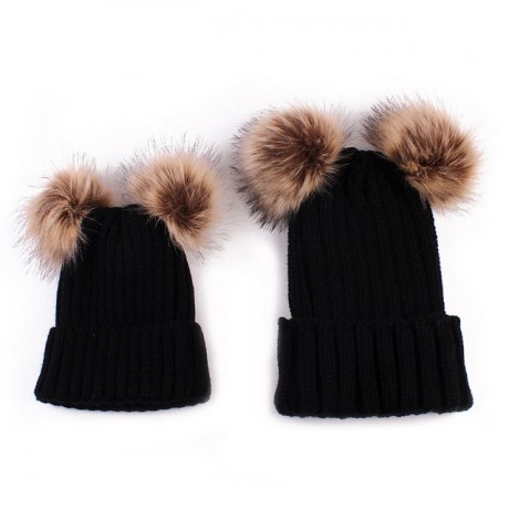 Uni-Sex Knitted Crochet Beanie TWO fur Poms (SET)