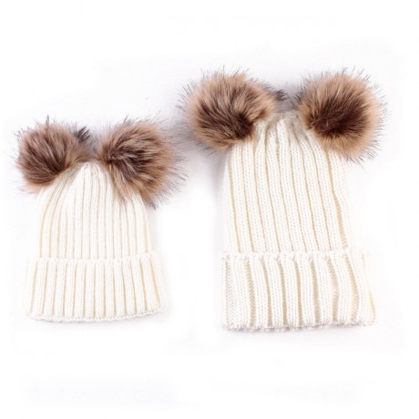 Uni-Sex Knitted Crochet Beanie TWO fur Poms (SET)