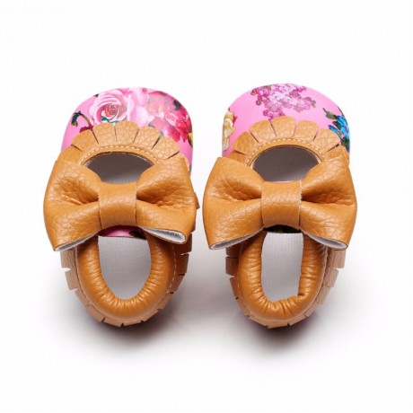 Pink Floral Moccasins with Bow