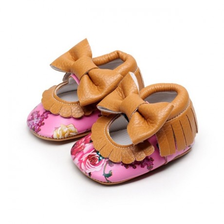 Pink Floral Moccasins with Bow