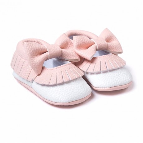 Pink and White Moccasins with Bow