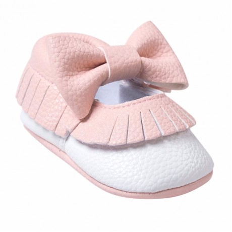 Pink and White Moccasins with Bow